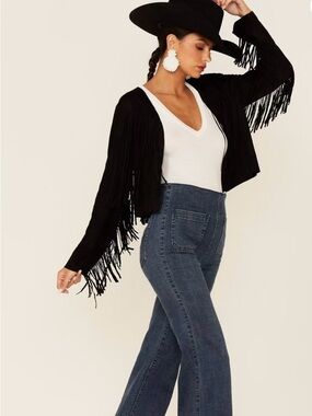 Vocal Black Faux Suede Fringe Cropped Jacket Western Boho Cowgirl Style Medium